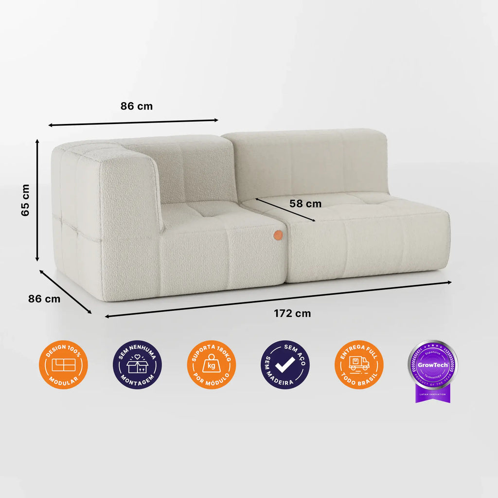 Sofá na Caixa modular 2 lugares em Boucle - 1 Braço -  Linho
