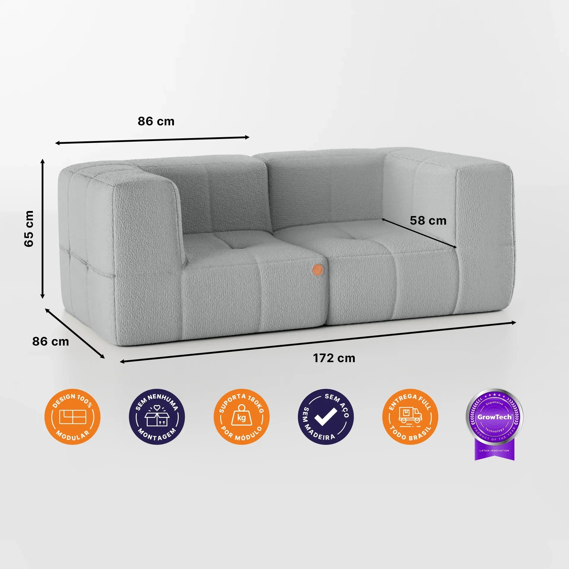 Sofá na Caixa modular 2 lugares em Boucle - Cinza