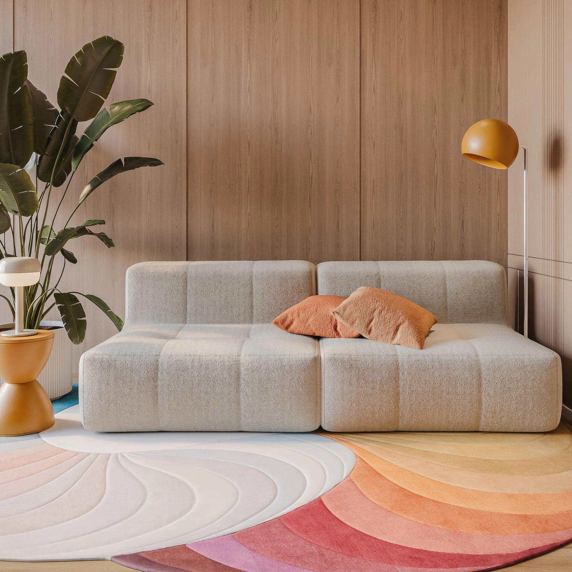 Sofá na Caixa modular 2 lugares em Boucle - 2 Poltronas com Apoio de pé - Linho