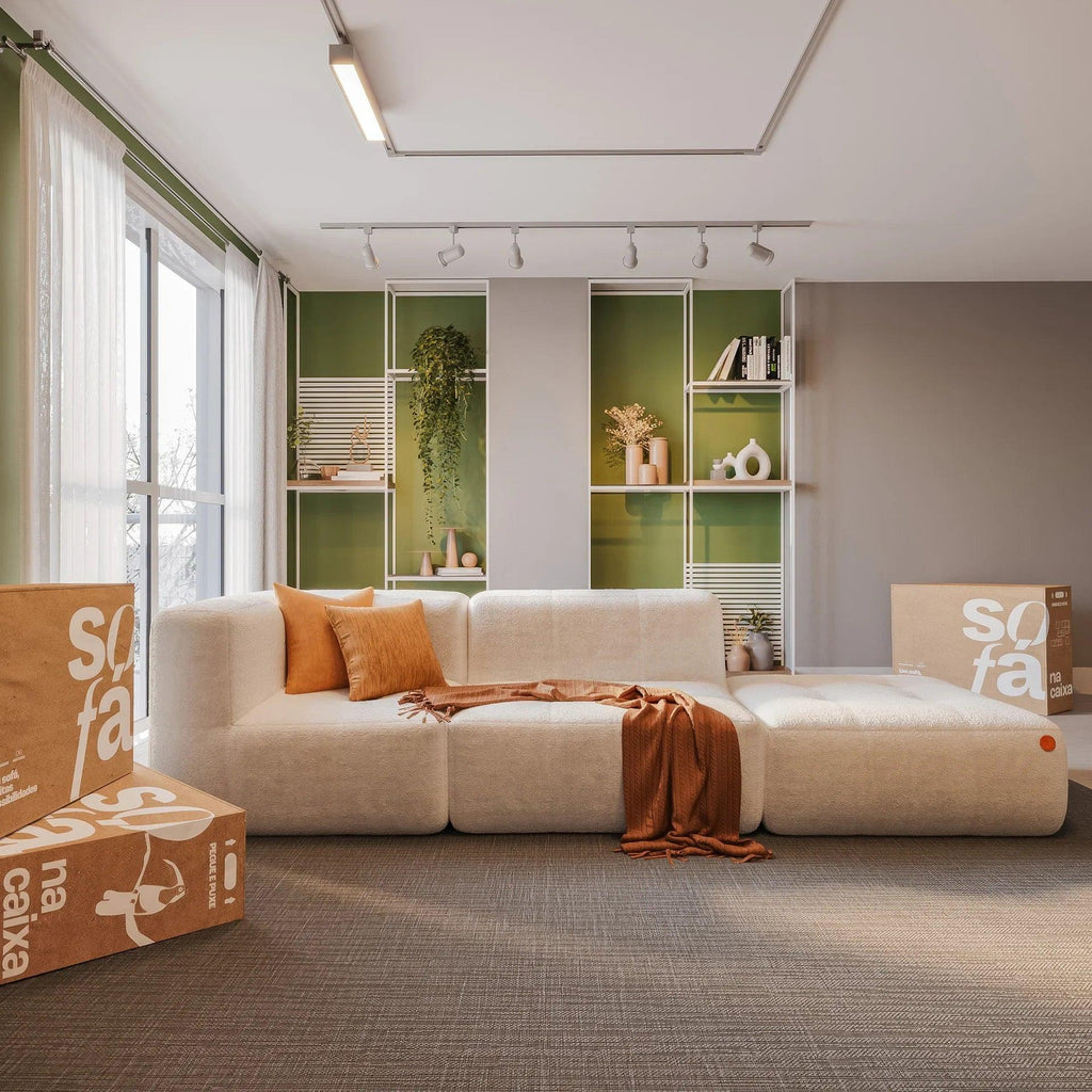 Sofá na Caixa modular 2 lugares em Boucle - 1 Braço com Apoio de pé - Linho