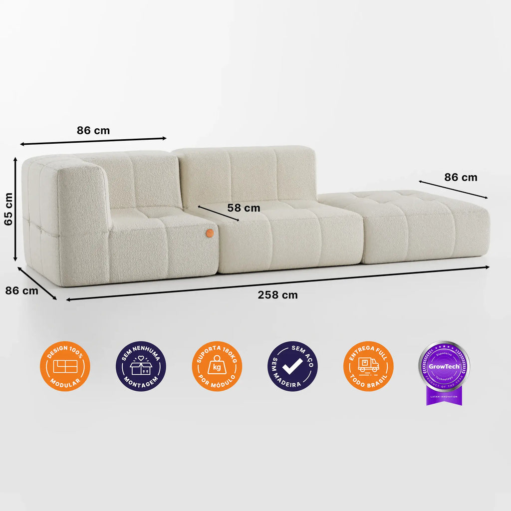 Sofá na Caixa modular 2 lugares em Boucle - 1 Braço com Apoio de pé - Linho