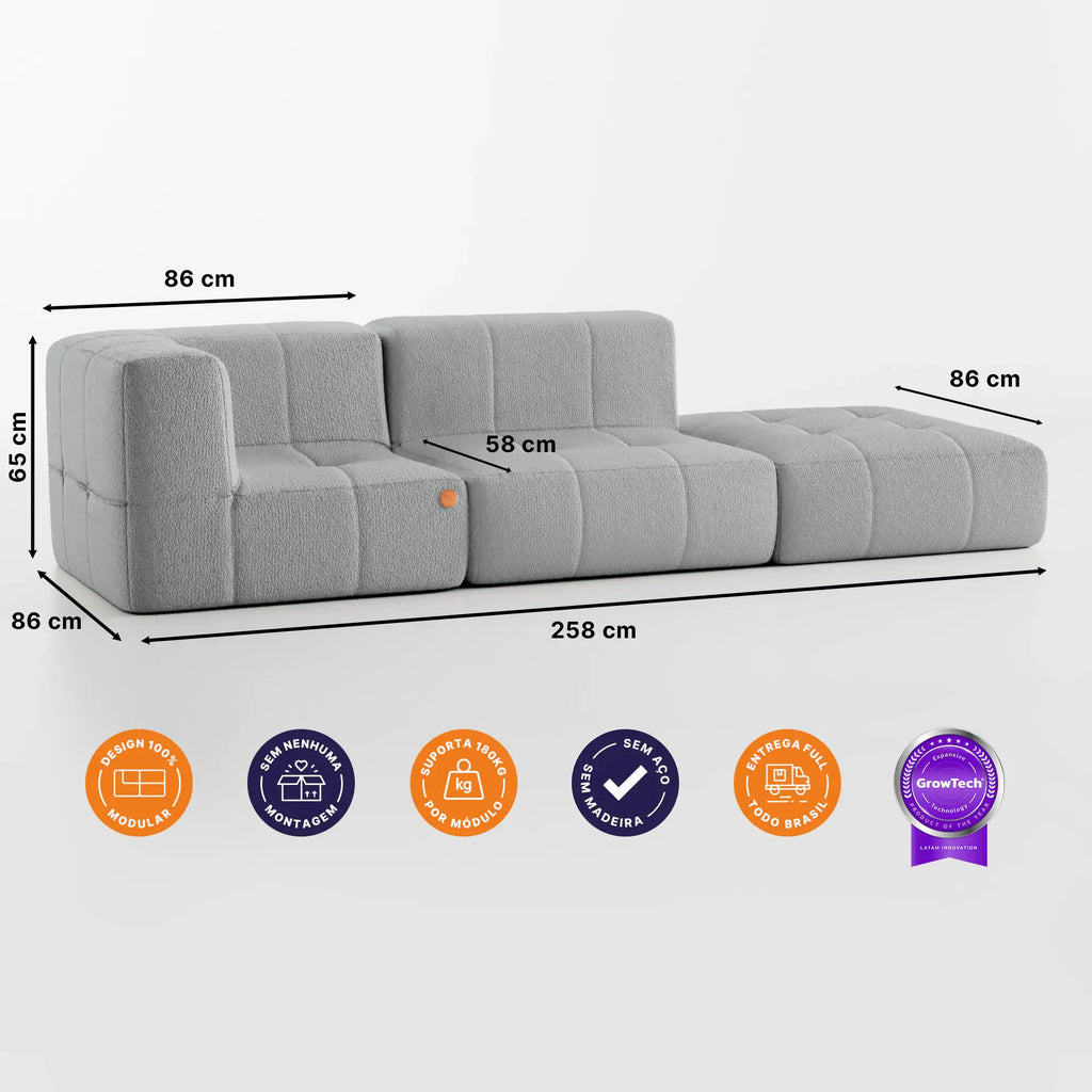 Sofá na Caixa modular 2 lugares em Boucle - 1 Braço com Apoio de pé - Cinza