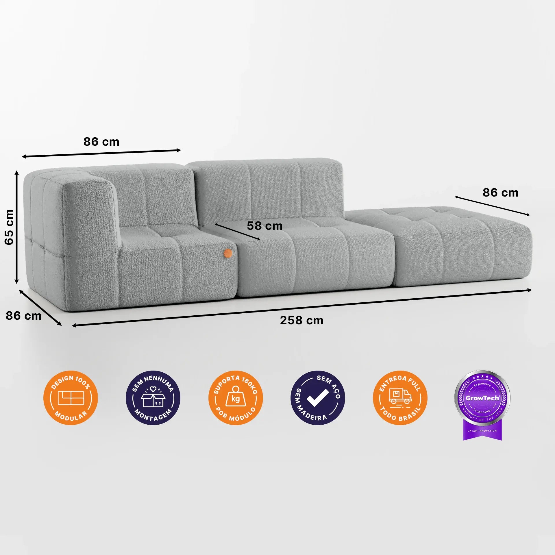 Sofá na Caixa modular 2 lugares em Boucle - 1 Braço com Apoio de pé - Cinza