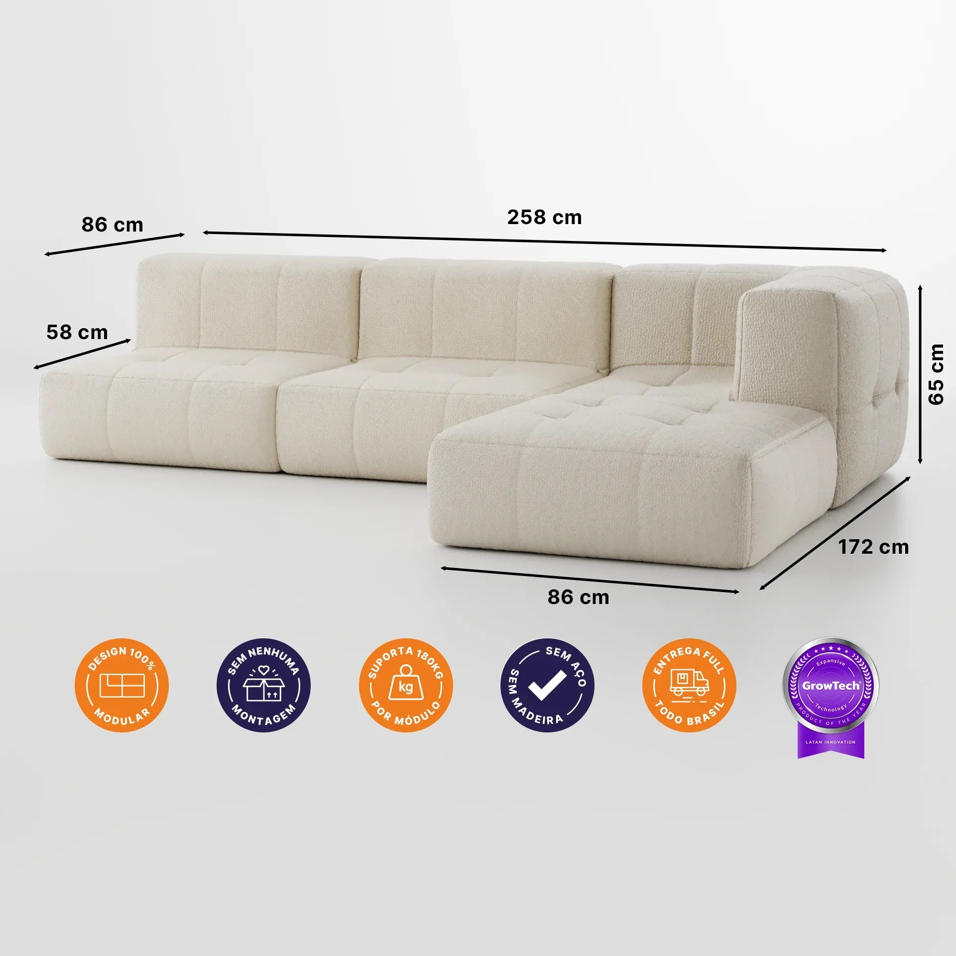Sofá na Caixa modular 3 lugares em Boucle - 1 Braço com Chaise - Linho
