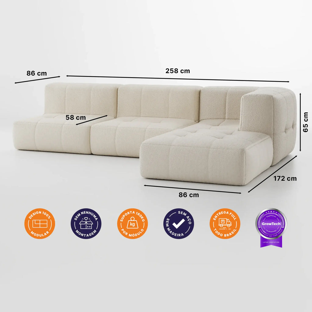 Sofá na Caixa modular 3 lugares em Boucle com Apoio de pé - Linho