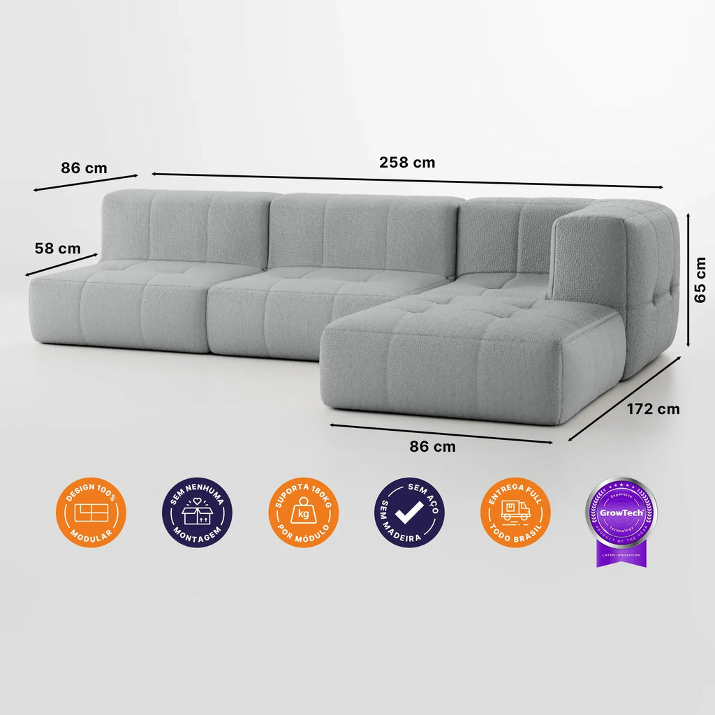 Sofá na Caixa modular 3 lugares em Boucle - 1 Braço com Chaise - Cinza