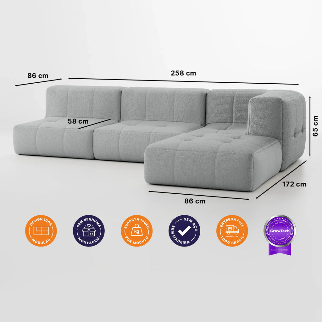 Sofá na Caixa modular 3 lugares em Boucle com Apoio de pé - Cinza