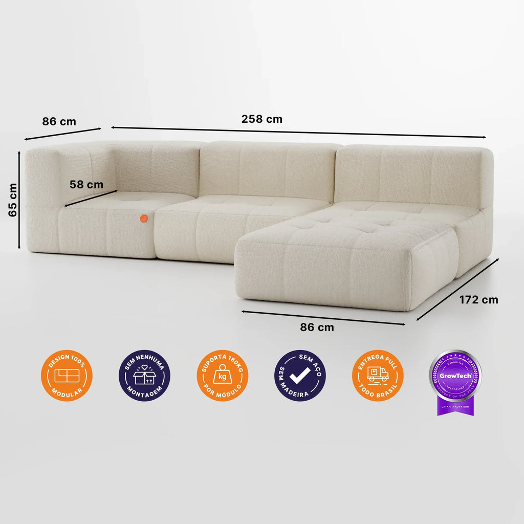 Sofá na Caixa modular 3 lugares em Boucle sem braço com chaise - Linho