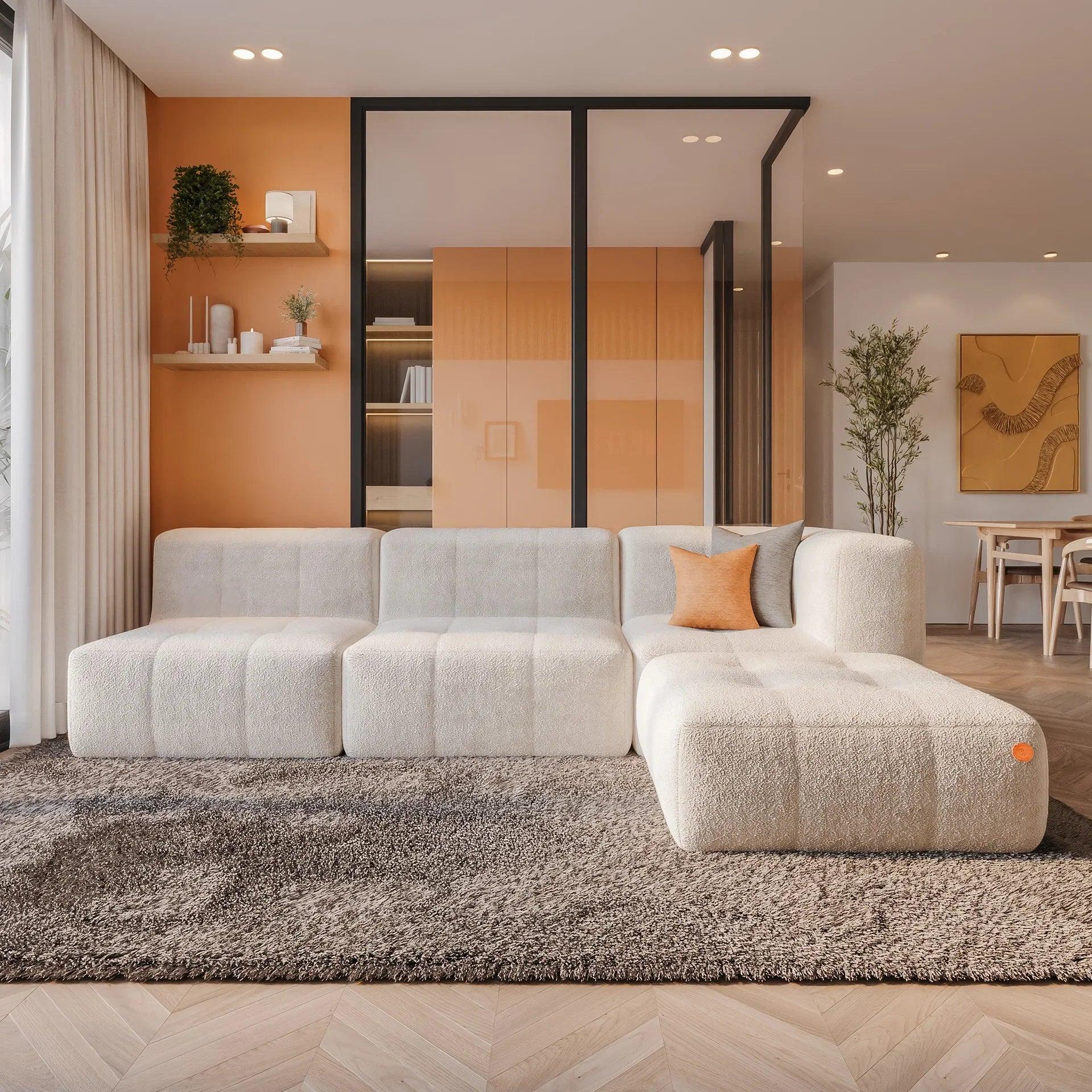 Sofá na Caixa modular 3 lugares em Boucle - 1 Braço com Chaise - Linho