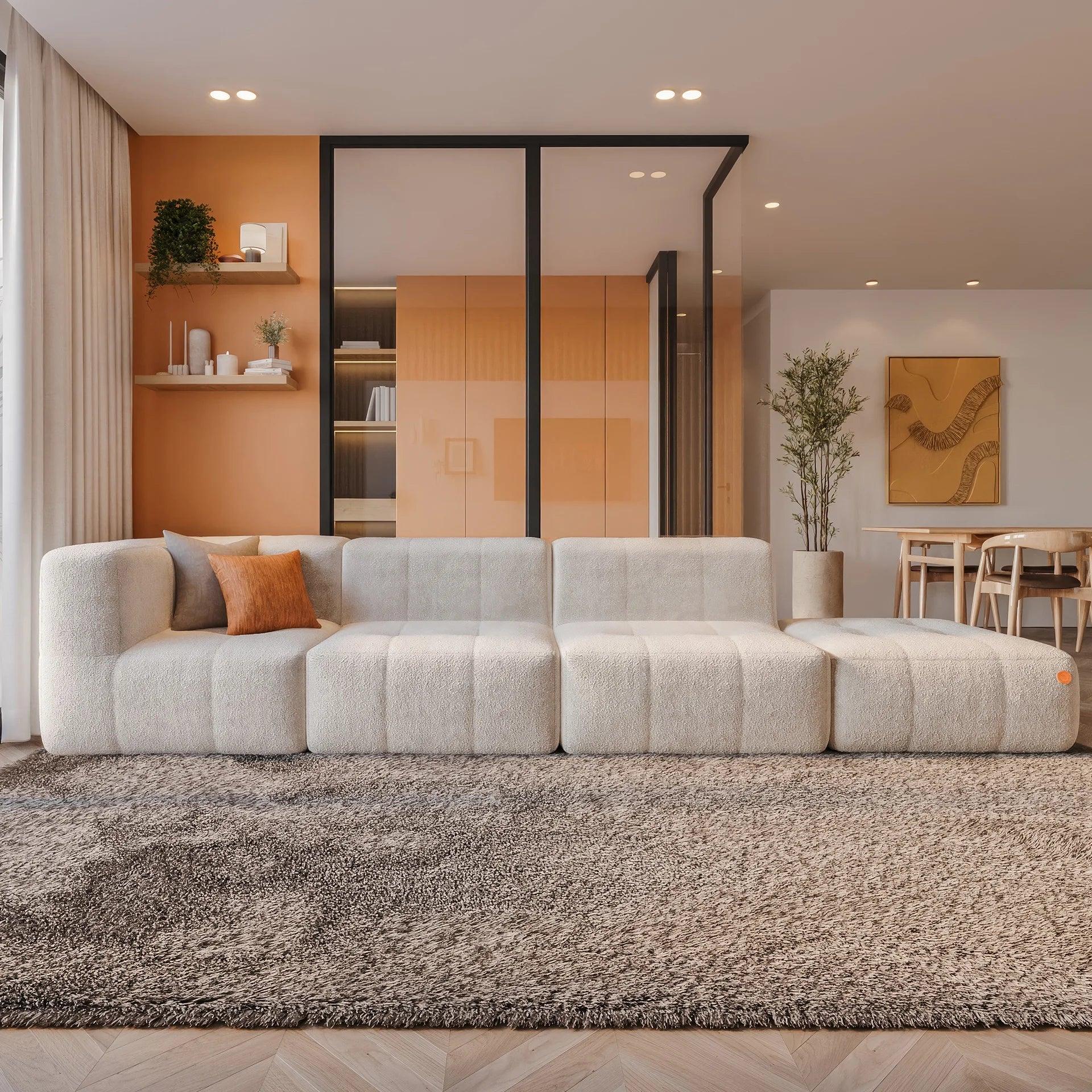 Sofá na Caixa modular 3 lugares em Boucle - 1 Braço com Chaise - Linho