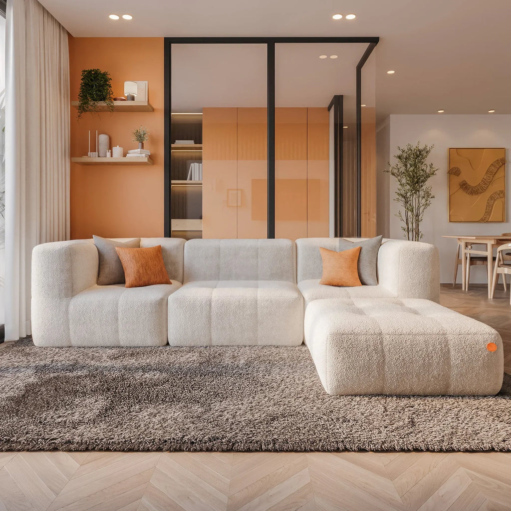 Sofá na Caixa modular 3 lugares em Boucle com Apoio de pé - Linho