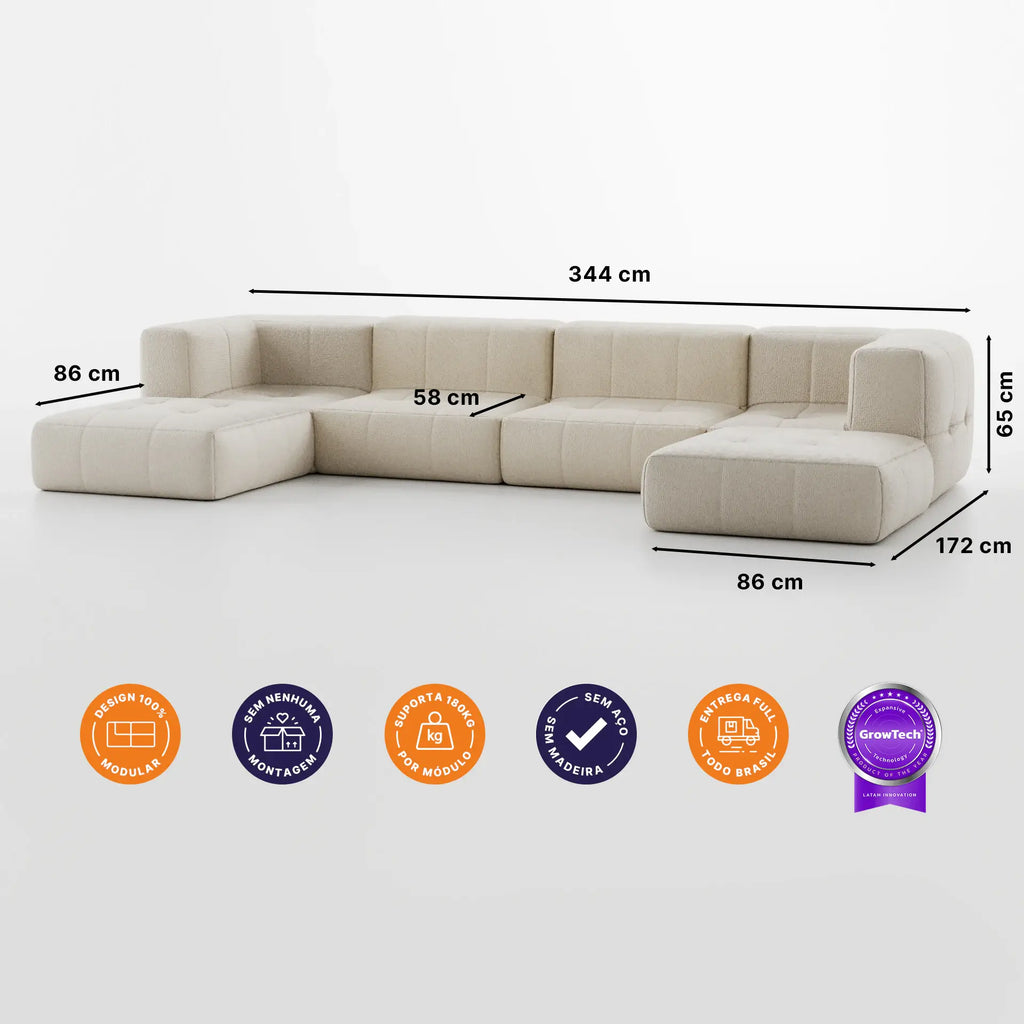Sofá na Caixa modular 4 lugares em Boucle com 2 Chaise -  Linho